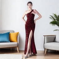 Elegant Shiny เลื่อมชุดราตรีชิ้นเดียว Hostess หรูหรา Feel ผู้หญิงแฟชั่นแขนยาวชุดราตรีพร้อมรอบเอวปกติ