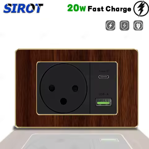 SIROT 16A Israel Standard Power Socket, USB Type-C Charge Port, Acrylic Wood Grain Black Panel Wall 