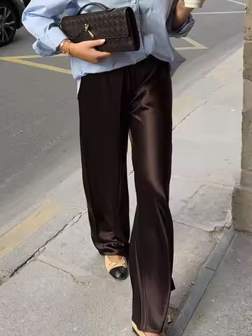 Elegant Brown Satin High Waist Casual Pants Women Autumn Wide Leg Trousers Straight Cut Polyester Fi