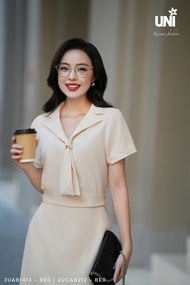 Set Áo Kiểu Và Chân Váy Chữ A UNIVTH Vạt Nơ Bo Gấu Thanh Lịch 3UAB1413 - 3UCAB212 - BE0 Uni Korean F