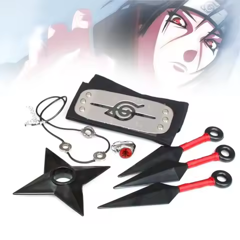 Anime Naruto Uchiha Itachi Akatsuki Cosplay Accessories Set Headwear Necklace Ring Weapon Kunai Anim
