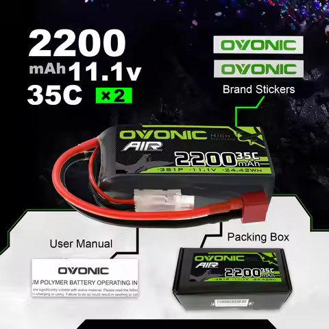 OVONIC 3S 11.1V Lipo Battery 2200mAh 35C Max to 70C Deans Connector - 2 Pack 3S Short Packs Batterie