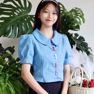 เสื้อสีฟ้าคอบัว แขนตุ๊กตา กระดุมหน้า เสื้อผ้าฝ้าย เสื้อพื้นเมือง