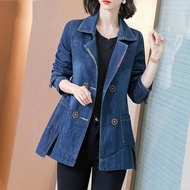 S-5XL Women Denim Jacket Long Double Breasted Spring Autumn Fashion Casual Elegant Slim Loose Jean C