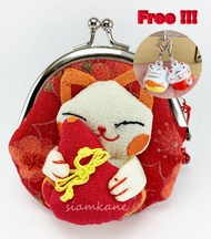 กระเป๋าสตางค์ แมวกวักนำโชคถือเครื่องรางญี่ปุ่น ผ้าไหมญี่ปุ่น แถมฟรี!!! กระพรวนแมวกวัก