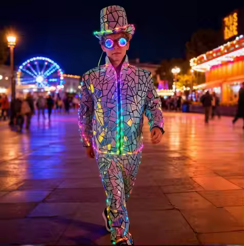 LED Helmet Jacket Set for Men Glowing Disco Dance Costume Rave Party Wear Cyberpunk Tron Style Perfo