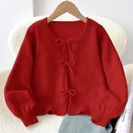 Tween Girls' Loose Casual Minimalist Comfortable Round Neck Long Sleeve Bowknot Polka Dot Cardigan, 