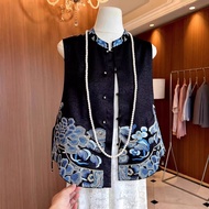 Cracked Yarn Embroidery Retro Light National Style Stand-Up Collar Buckle Loose Zen Autumn Spring Au