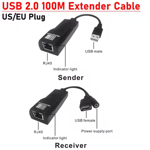 USB 2.0 Extender Over Cat5 Cat5E Cat6 Ethernet Cable Transfer Up to 100M RJ45 Receiver with DC5V/2A 