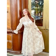 CA342 : Calorie Fashion Cream Long Dress With Rose Pattern Back Zipper-Neck Decorated With A Bow Tie
