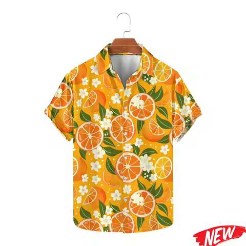 Fashion Fruit Orange Graphic Hawaiian Shirt For Men 2026 Spring Summer Lapel Aloha Shirts Street Ove