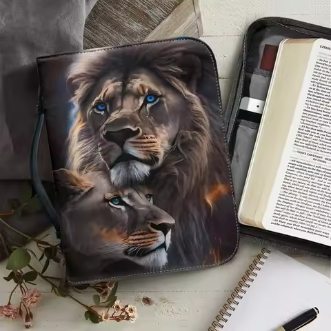 Custom Black White Lion Print PU Leather Bible Cover Handbag with Zipper
