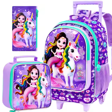 Kid's rolling backpack 3PCS Set, One Rolling Backpack + Handbag + Pencil Case, Mermaid Unicorn Print