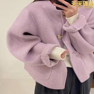 秋冬寬鬆紫色圓領短款雙面羊絨大衣女小香風小個子羊毛呢外套2023