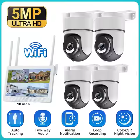 SHIWOJIA 4CH Wireless 10 inch LCD Monitor NVR Kit 5MP WIFI PTZ Touch Screens Security IP Camera Syst