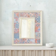 Pink, white and blue mirror with handpainted tiles and wood frame