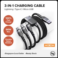 [SG] MOXOM 3 in 1 Fast Charging Nylon Braided Cable 66W | Lightning / Type C / Micro USB Cable 1m | Super Fast Charge &amp; Data Transfer | For iPhone iPad Huawei Samsung Oppo Tablet