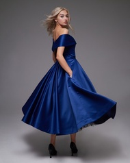 藍色緞面晚禮服，馬甲式婚紗 緞面，藍色 A字婚紗