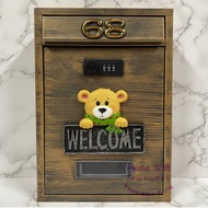[Grocery King] Handmade Boutique Brushed Silver W Bear Combination Lock Letter Box Including House N
