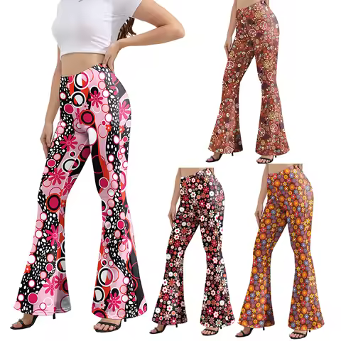 Summer Hip Hop Dance Pants Woman Flared Pants High Waist Trousers Holiday Party Pants Floral Print B