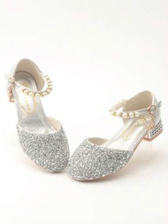 女童高跟鞋銀色軟底表演單鞋兒童水晶裝飾公主鞋