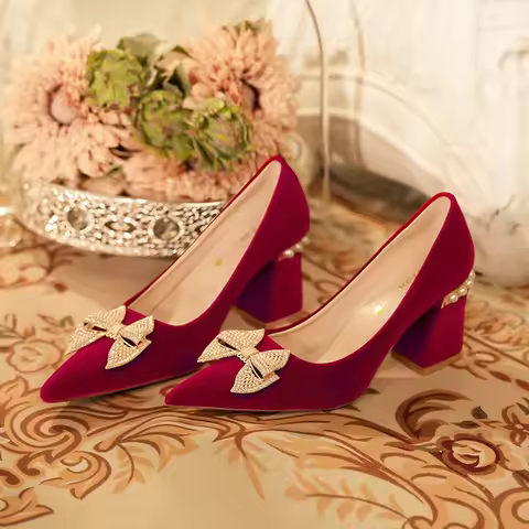 Red Women's Block Heel Chinese Suede Single Shoes Fat Wide Plus Size Wedding Shoes