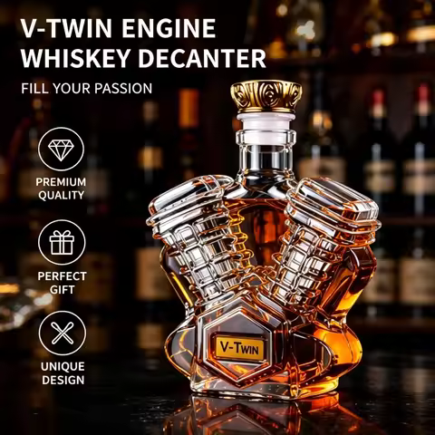 V-Twin Engine Whiskey Decanter, Unique Motorcycle Engine Shaped Glass Liquid Bottle with Airtight St
