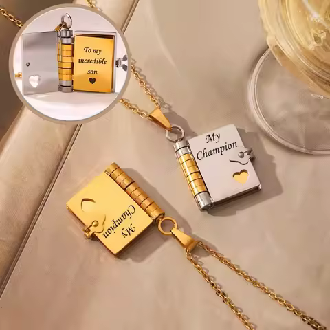 To My Champion Son Book Necklace Engraved 6 Pages of Messages Openable Book Pendant Necklaces Boy Bi