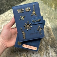 Dark blue passport cover number 28 with strap engraved with name upon request, personalized charm st