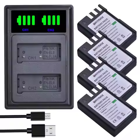 Batmax EN-EL9 EN-EL9a EL9 Battery+LED USB Dual Charger with Type C port for Nikon EN-EL9a D40 D60 D4