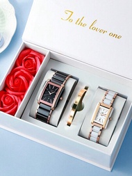Elegante caja de regalo con 2 piezas / set de relojes de pulsera de acero inoxidable rectangulares unisex con correa de cerámica, reloj de pareja, juegos de regalo impermeables