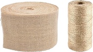 2 Rolls, Wide Burlap Fabric Craft Ribbon and Twine String, DaKuan Fabric Ribbon 3 Inch in Width, 11 