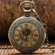 Vintage Engraved Roman Number Case Unisex Skeleton Handwind Mechanical Pocket Watch with Chain