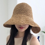 韓國 Soo&amp;Soo - 蕾絲緞帶裝飾編織遮陽帽-奶茶咖