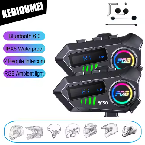 KEBIDUMEI Y30 BT6.0 Motorcycle Intercom Helmet Headset with RGB Ambient light Handsfree Mic Headphon