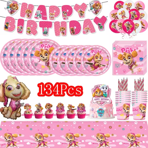 Pink Paw Patrol Birthday Decoration Dogs Skye Party Supplies Foil Balloons Tableware Cup Plate Napki