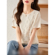 Short Sleeve t-Shirt Women 2023 Western Style Korean Version Loose Round Neck t-Shirt Lace Stitching Design Top/4.14