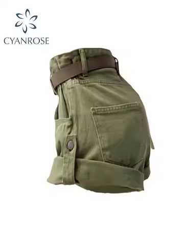 Women's Summer Green Cargo Denim Shorts Y2k High Waist Streetwear Casual Shorts Korean Harajuku Vint
