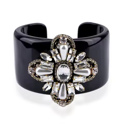 HAHA&TOTO Trendy Black Resin Bangle Cuff Bracelet Inlaid Handmade Crystal Beaded Flower Statement Br
