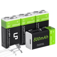 LP 9V USB Rechargeable Batteries, 4 Pack 800mAh High Capacity 9 Volt Battery with Micro Charging Cab