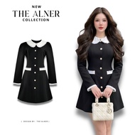 Thealner-AN617 (Black Dress With White Collar Long Sleeves Decorated With Floral Buttons)