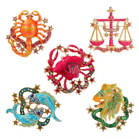 Retro Zodiac Sign Brooches, Pisces, Scorpio, Leo, Cancer, Aries, Virgo, Sagittarius, Aries, Aquarius