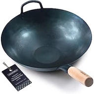 Carbon Steel Flat Bottom Wok -14 Inch Chinese Pow Wok - Traditionally Hand Hammered Woks and Stir Fry Pans by Mammafong