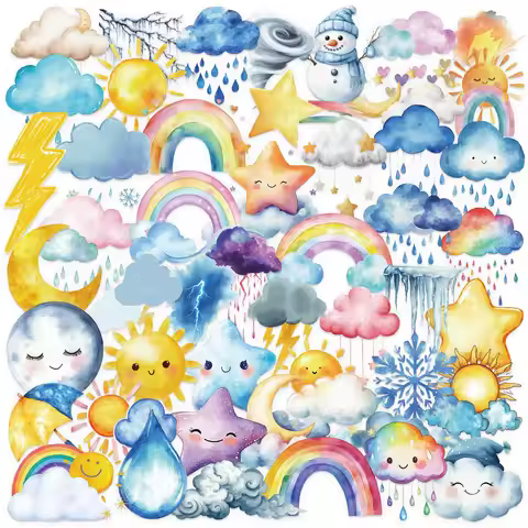 50/100PCS Cute Cartoon Colorful Weather Sticker Pack Waterproof Transparent PET - Decar Notebook Sta