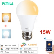 15W WiFi Smart Light Bulb B22 E27 LED Lamp Work with Alexa/Google Home 110V 220V Warm+White Dimmable