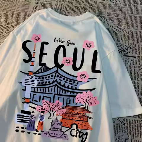 Hello From Seoul City T-Shirt Korean Style Cherry Blossom Graphic Tees Harajuku Streetwear Men's and