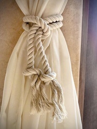 1 件 80 公分長編織黃麻繩繫帶,現代簡約風格淺卡其色窗簾繫帶,適用於窗簾和巴里紗