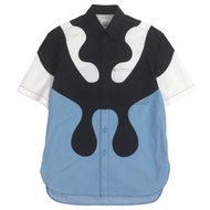 成色極佳：BURBERRY 8051924 100%純棉顏色短袖襯衫，S碼，黑、藍、白三色拼接。正品，義大利製。男款。