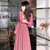 [Ready Stock] Korean V Neck Sparkling Long Dress Waist Design Pleated Temperament Long Sleeve Muslim