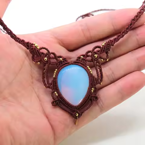 Handmade Rope Braided Macrame Opalite Stone Pendant Necklace For Women Water Drop Opal Stone Weave A